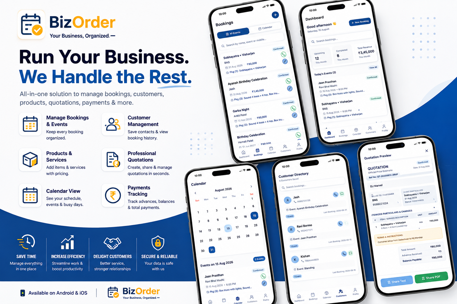 BizOrder app showcase with bookings, dashboard, calendar, customers and quotations screens